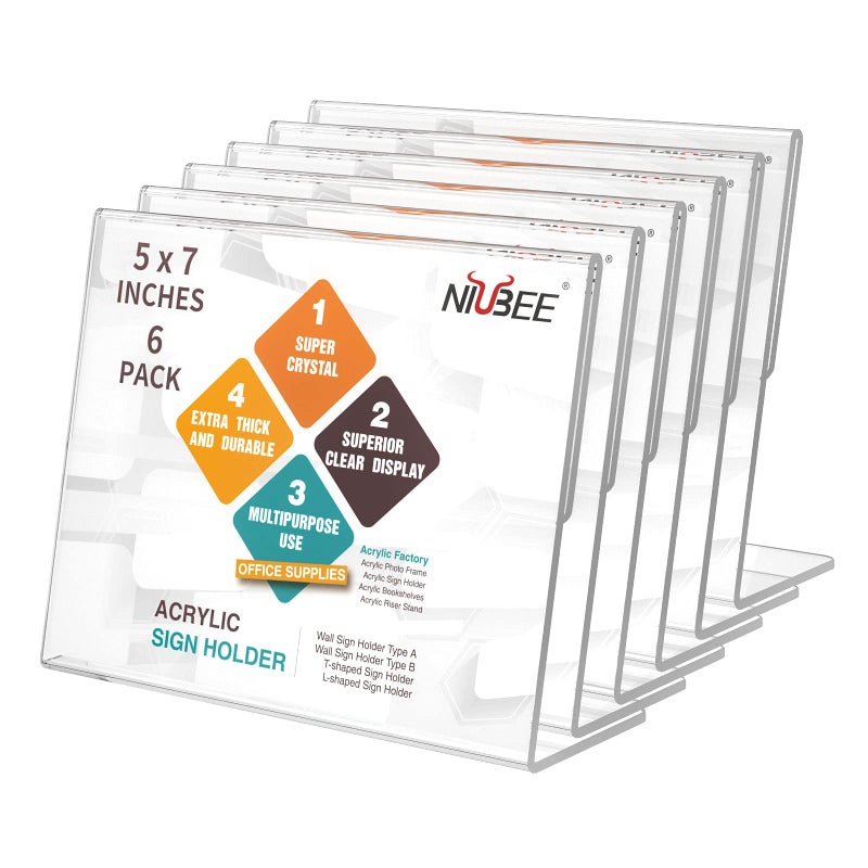NIUBEE Slanted Back Acrylic Sign Holder 7 x 5 Inches, Clear Plastic Sign Holder Paper Display Table Stand for Office, Store, Restaurant -Horizontal (6 Pack) - Image 1